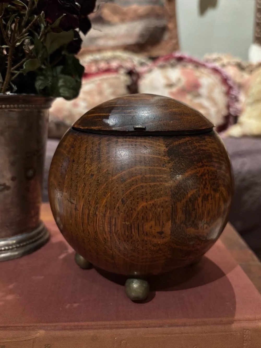 RARE Art Deco English Oak Globe Brass Footed Tea Caddy/Tobacco Jar
